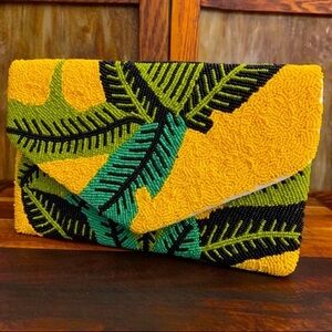 Leaf Accented Seed Beaded Clutch /Crossbody Bag